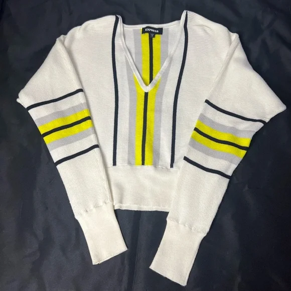 EXPRESS White V-Neck Bat Sleeve Sweater with HighLighter Yellow and Grey Stripe - Picture 2 of 4